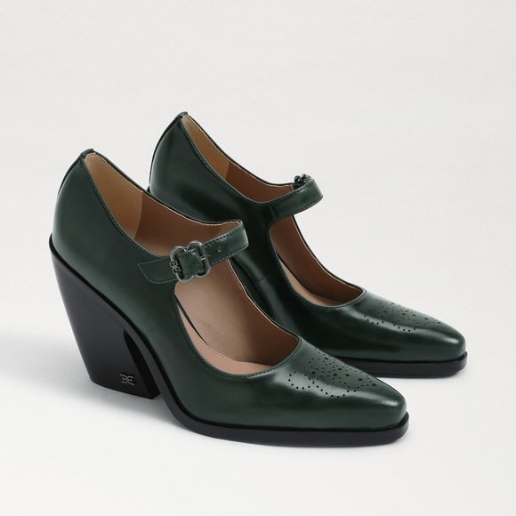 SAM EDELMAN MARY JANE WESTERN BLOCK HEELS SZ 6 ALEKSA DARK GREEN LEATHER NEW - Picture 1 of 12